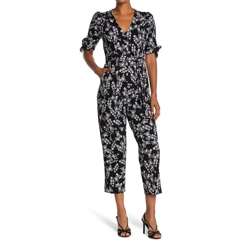 Calvin Klein Black Stretch Tie Floral V Neck Cocktail Straight leg Jumpsuit 8